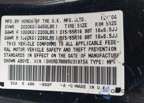 2005 Honda Cr-V Ex z USA, uszkodzony, nr VIN SHSRD78895U319154